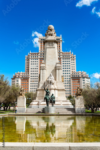 It's Sculpture of Don Quixote and Sancho Panzo on the Plaza de Espana, Madrid, Spain.