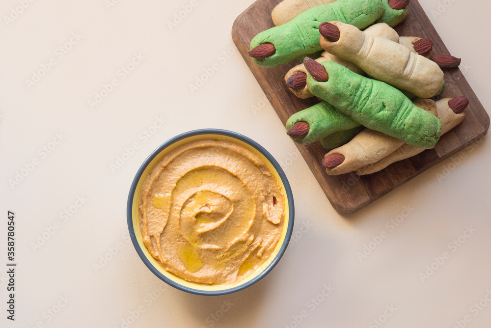 Fototapeta premium Cookies fingers and pumpkin hummus