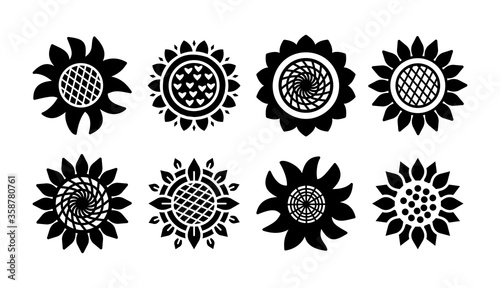 Set Sunflower icons isolated on white background. Vector floral illustration bundle. Botanical summer concept. For cutting, clipart, printing, monogram, shirt design.