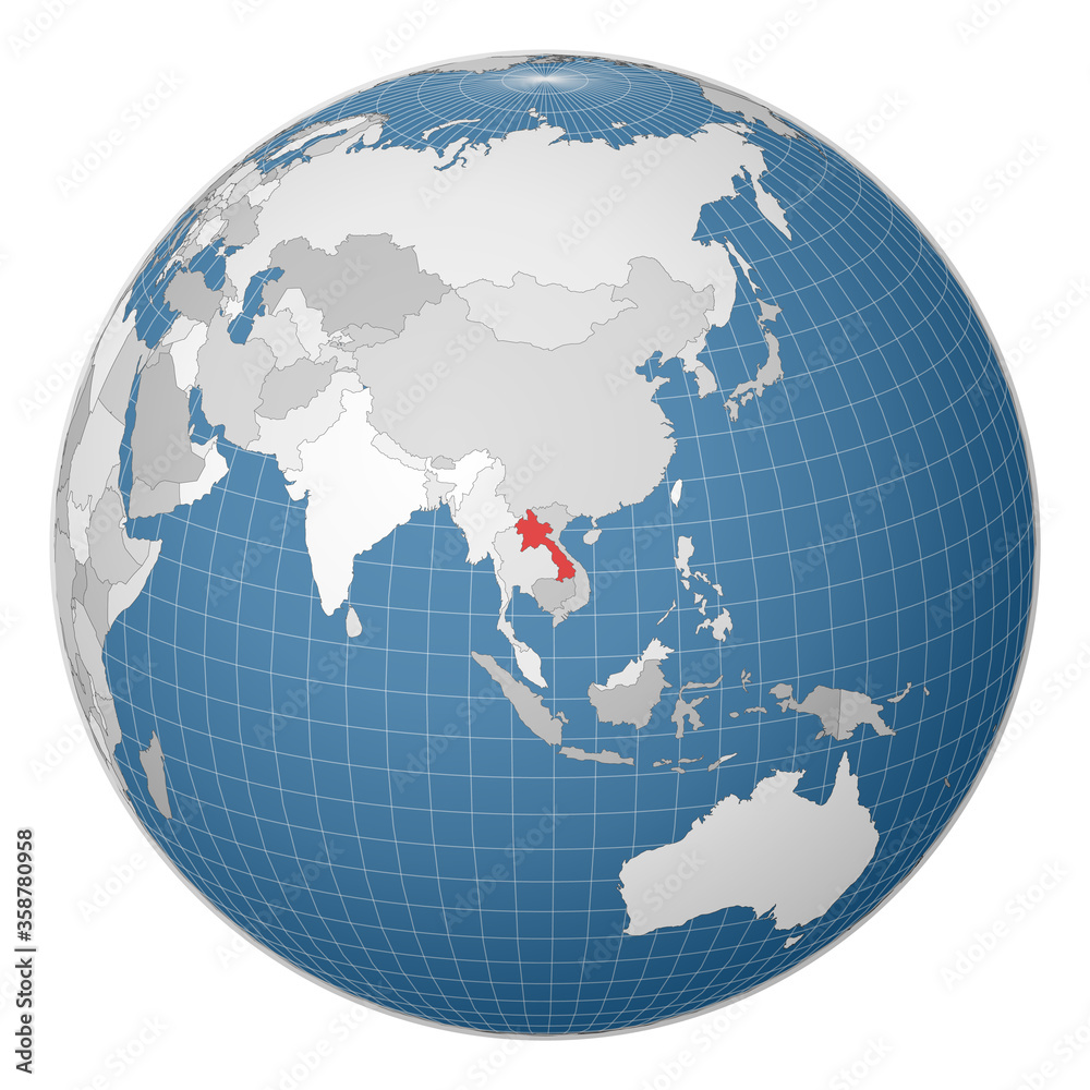 Fototapeta premium Globe centered on Laos. Country highlighted in green on world map. Satellite world projection. Trendy vector illustration.