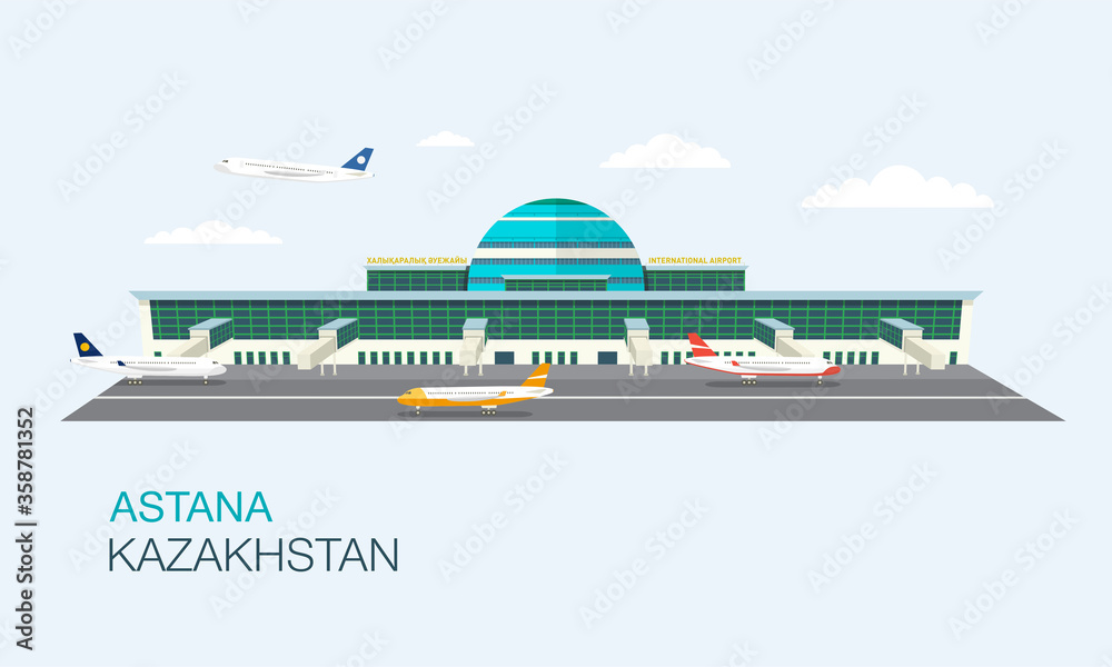 International Airport building. Astana or Nur-Sultan Kazakhstan. Central Asia. Flat vector illustration. 