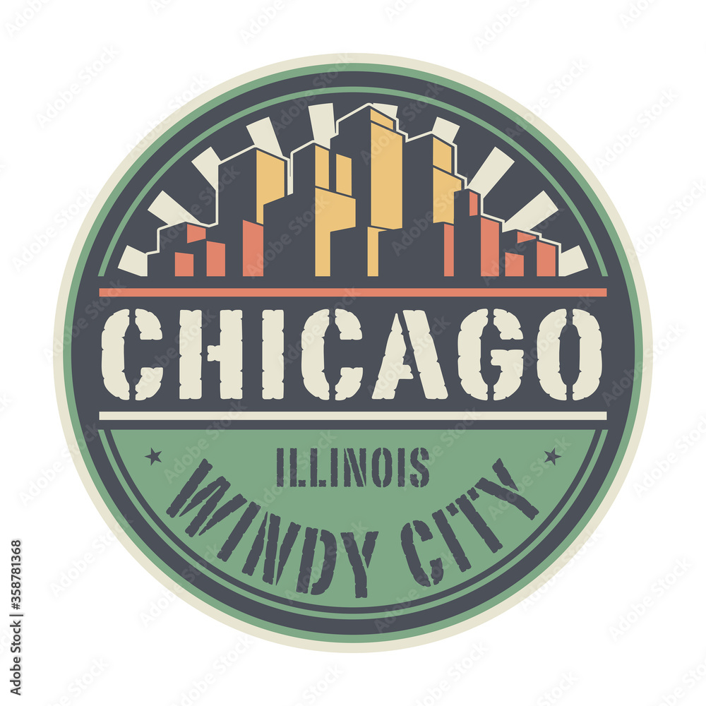 Obraz premium Stamp or label with name of Chicago, Illinois, Windy City