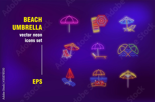 Beach umbrella set in neon style. Sea, sun, sand and summer. Vector illustrations for night bright advertisement. Vacation, leisure and travelling concept