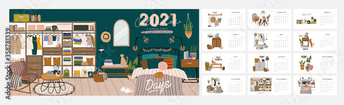 Wall calendar. 2021 Yearly Planner with all Months. Good school Organizer and Schedule. Cute home interior background. Motivational quote lettering. Flat vector illustration in trendy style © Ruslana