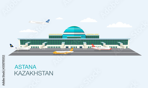 International Airport building. Astana or Nur-Sultan Kazakhstan. Central Asia. Flat vector illustration. 