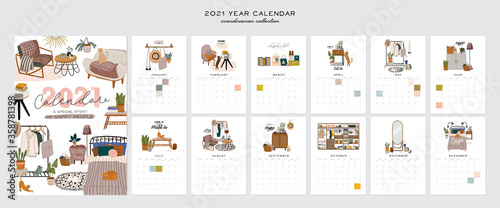 Wall calendar. 2021 Yearly Planner with all Months. Good school Organizer and Schedule. Cute home interior background. Motivational quote lettering. Flat vector illustration in trendy style