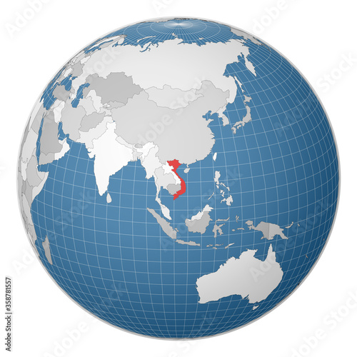 Globe centered on Vietnam. Country highlighted in green on world map. Satellite world projection. Creative vector illustration.