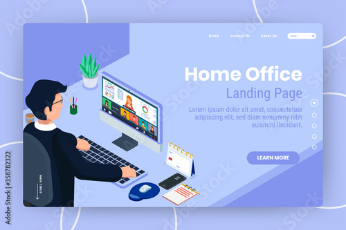Home office landing page illustration Template. Male do online video call in computer. Isometric business worker do virtual meeting. Vector