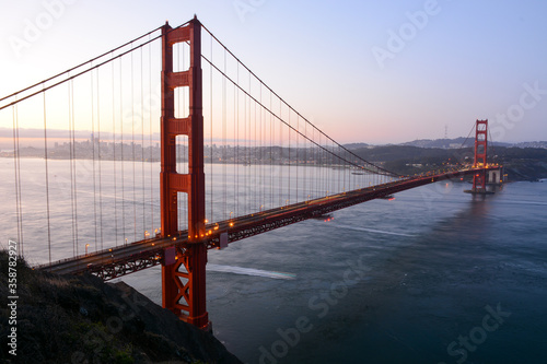 San Francisco California USA - August 17, 2019: Golden Bridge viewed from Battery Spencer at sunrise