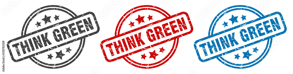 think green stamp. think green round isolated sign. think green label set think green stamp. think green round isolated sign. think green label set