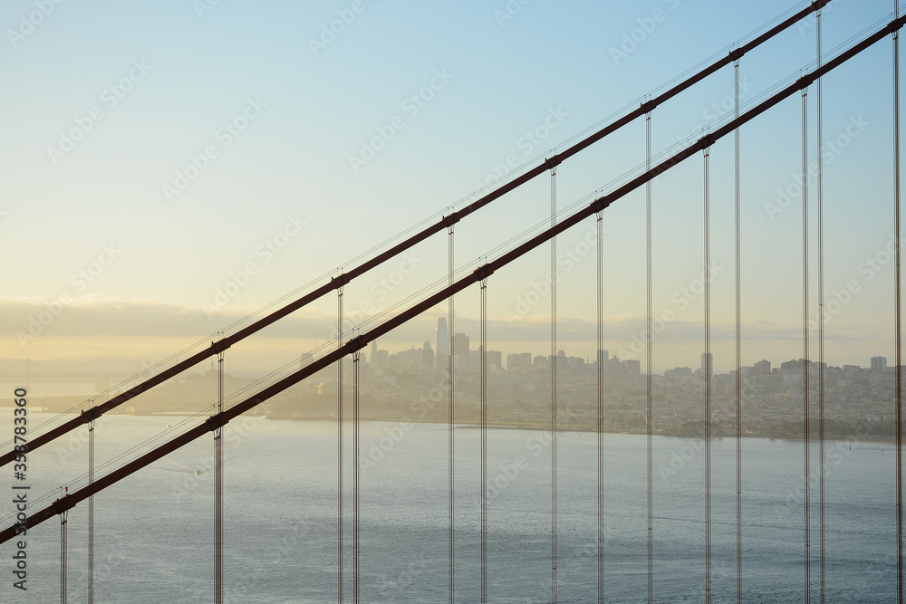 San Francisco California USA - August 17, 2019: Golden Bridge viewed from Battery Spencer at sunrise San Francisco California USA - August 17, 2019: Golden Bridge viewed from Battery Spencer at sunrise