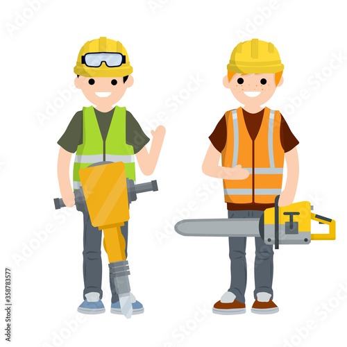 Construction work. Clothing and tools worker. Yellow uniform, gloves, jackhammer, goggles, green vest and helmet. Cartoon flat illustration. Chainsaw and Logger. Maintenance service © Taras