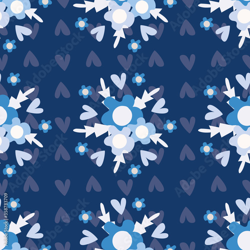 Geometric wild meadow flowers seamless vector pattern background. Backdrop of bouquets of hand drawn tonal blue Forget-me-not florals. Folk country style monochrome design. Modern all over print