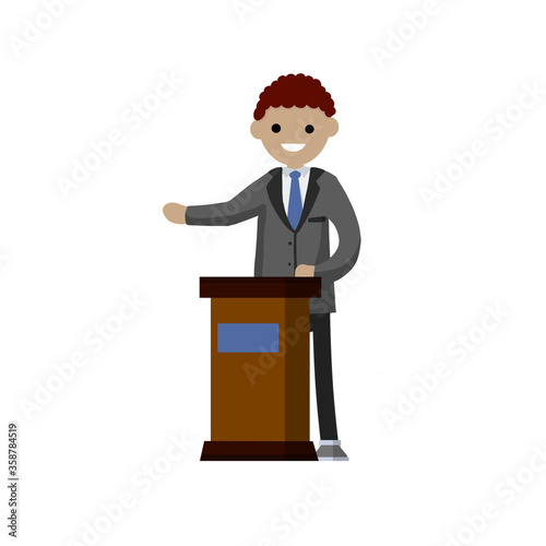 Man in the suit stay behind podium. Presidential election. Political debate. Lecturer in class. African speaker is talking. Dialogue businessman. Cartoon flat illustration