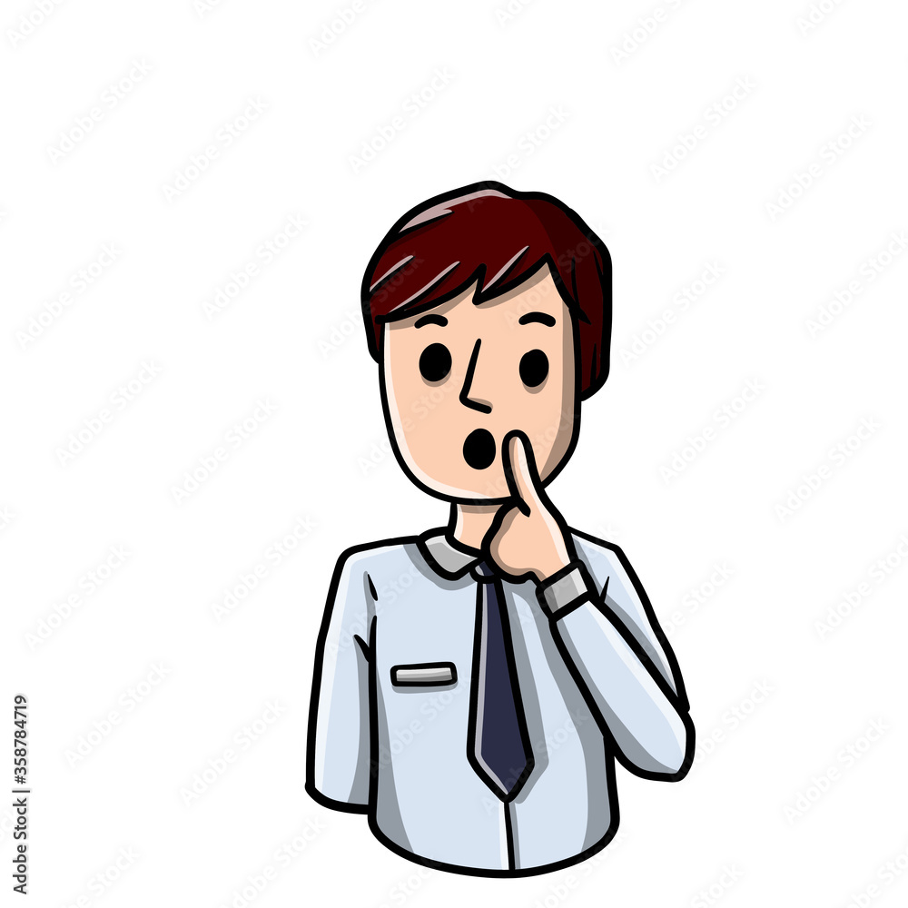 Confused man. Doubts and gesture finger at hands. Hand-drawn embarrassed young character. Boy in shirt. Guy and question. Emotions of hesitation, suspicion and mistrust Confused man. Doubts and gesture finger at hands. Hand-drawn embarrassed young character. Boy in shirt. Guy and question. Emotions of hesitation, suspicion and mistrust