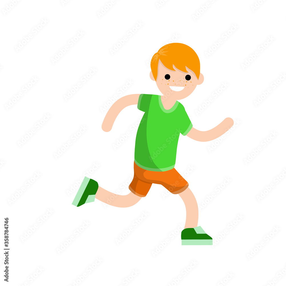 Young man in Shorts and green t-shirt. Running and sports. Movement and walking. Cartoon flat illustration. Active lifestyle