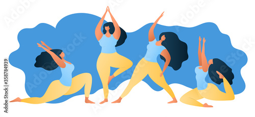 Body positive set. Women s yoga. Yoga and wellness concept. Happy yoga plus sizewoman in various yoga poses. Attractive overweight woman. For Fat acceptance movement no fatphobia