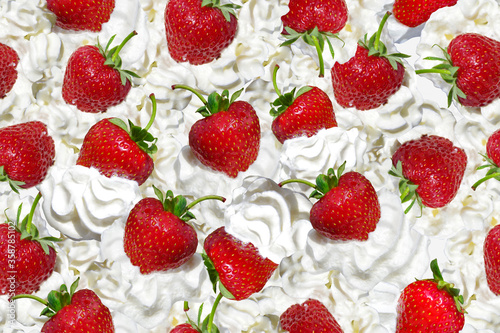 Seamless pattern. Red strawberries with whipped cream.
