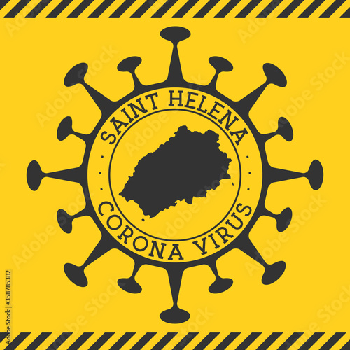 Corona virus in Saint Helena sign. Round badge with shape of virus and Saint Helena map. Yellow island epidemic lockdown stamp. Vector illustration.