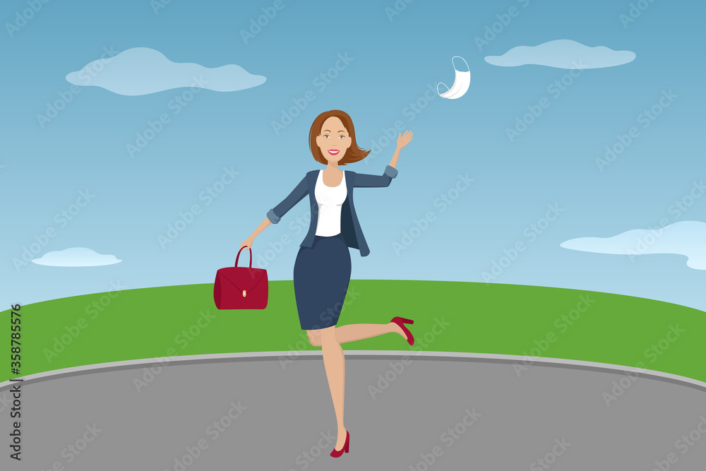 Caucasian woman toss medical mask in the air. Pandemic ending. Vector illustration. Caucasian woman toss medical mask in the air. Pandemic ending. Vector illustration.