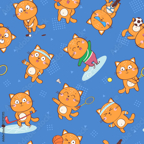 Vector seamless pattern with cute cartoon cat character representing different sports: tennis, football, cycling, basketball, golf, running, badminton, hockey, figure skating. Funny cartoon background