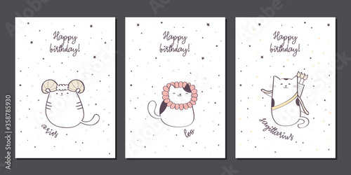 Set of birthday greeting cards design with cute cartoon zodiac cats, Fire zodiacal signs: Aries, Leo, Sagittarius. Vector illustration