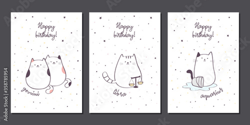 Set of birthday greeting cards design with cute cartoon zodiac cats. Air zodiacal signs: Gemini, Libra, Aquarius. Vector illustration
