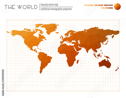 Vector map of the world. Cylindrical stereographic projection of the world. Yellow Orange Brown colored polygons. Stylish vector illustration.