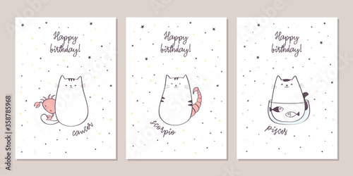 Set of birthday greeting cards design with cute cartoon zodiac cats. Water zodiacal signs: Cancer, Scorpio, Pisces. Vector illustration