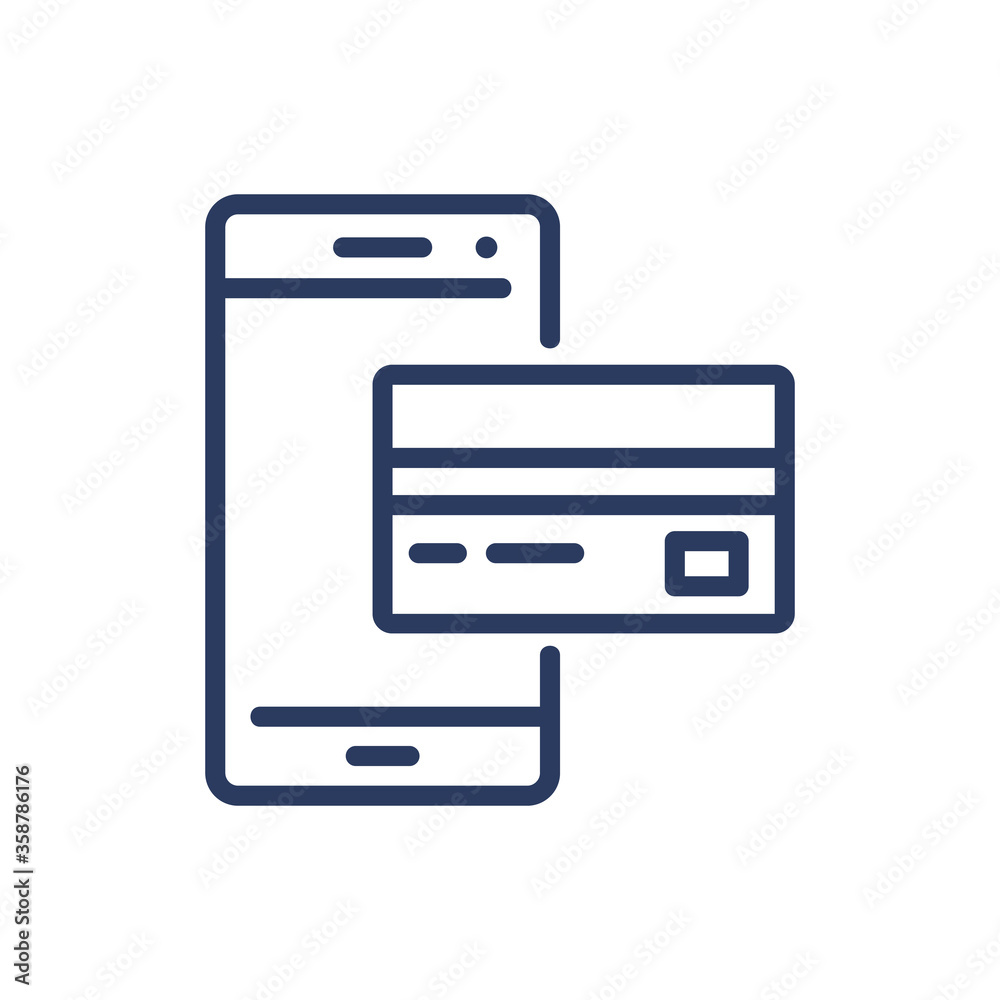 Online payment thin line icon. Mobile phone, smartphone, credit card isolated outline sign. Communication, online service, banking concept. Vector illustration symbol element for web design and apps