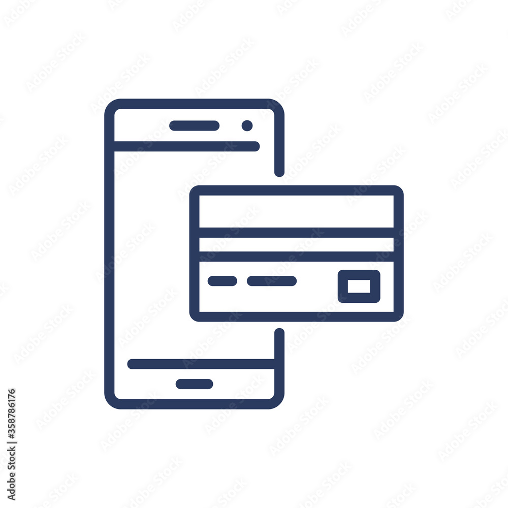 Online payment thin line icon. Mobile phone, smartphone, credit card isolated outline sign. Communication, online service, banking concept. Vector illustration symbol element for web design and apps Online payment thin line icon. Mobile phone, smartphone, credit card isolated outline sign. Communication, online service, banking concept. Vector illustration symbol element for web design and apps