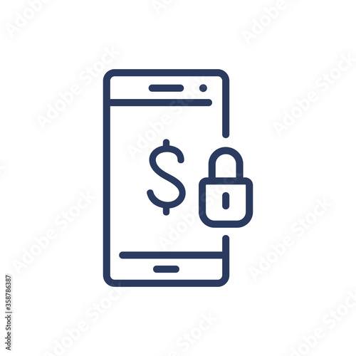 Data and transaction protection thin line icon. Mobile phone, money, lock isolated outline sign. Online bank, payment security concept. Vector illustration symbol element for web design and apps