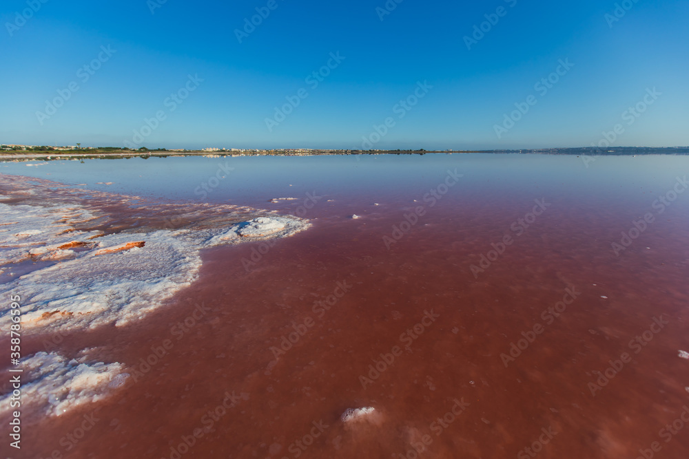 Beautiful wide vibrant summer view of las Salinas de Torrevieja, The Pink Lake Of Torrevieja, pink salt lagoon in Torrevieja, Costa Blanca, province of Alicante, Spain