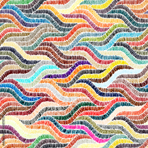 Seamless embroidered pattern. Wavy bohemian print. Patchwork ornament. Vector illustration.