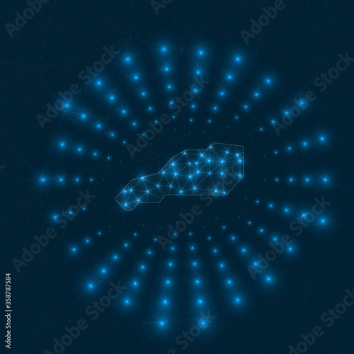 Little Stirrup Cay digital map. Glowing rays radiating from the island. Network connections and telecommunication design. Vector illustration.