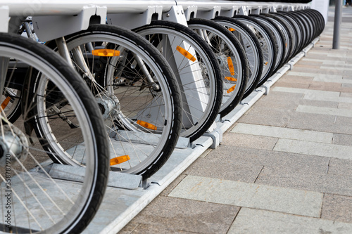 Bicycles in a row on a city street close-up. Bicycle rental.