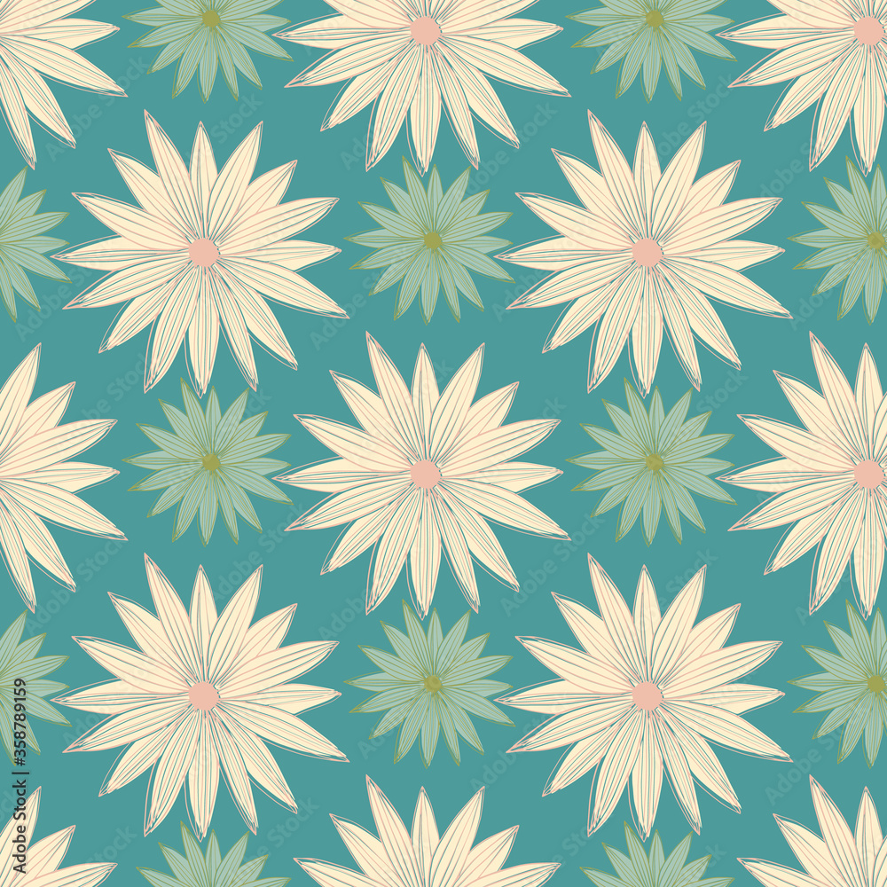 Modern line art bud daisy seamless pattern. Geometric floral wallpaper.