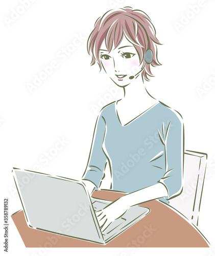 ヘッドセットをつけてテレワークをする女性のイラスト
