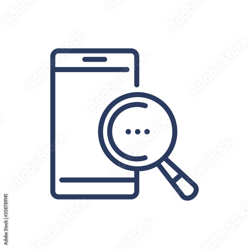 Smartphone with magnifier glass thin line icon. Search, internet, browsing isolated outline sign. Phone repair, service, breakdown concept. Vector illustration symbol element for web design and apps