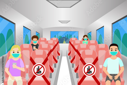 Social distancing chair space inside bus,  for protect pandemic of virus Covid-19, COVID-19 Quarantine. Pandemic Coronavirus Reducing risk of infection, New normal concept.