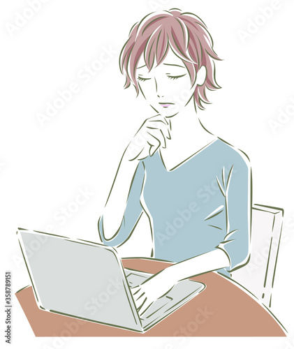 テレワーク中に悩む女性のイラスト