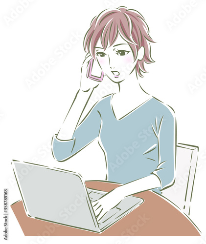 テレワーク中に電話をする女性のイラスト