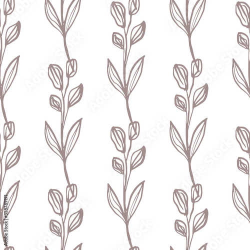 Hand drawn line art leaf seamless pattern. Retro style botanical background. Hand drawn floral wallpaper.