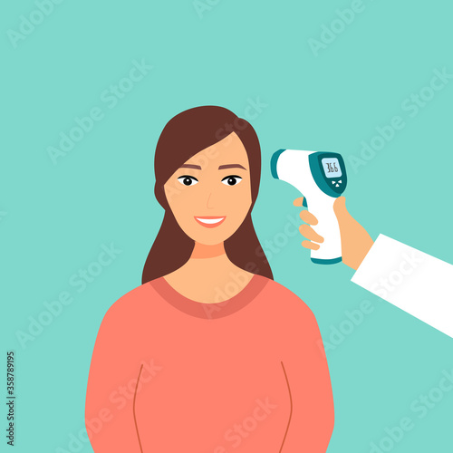 Measuring the temperature of a woman with medical digital infrared thermometer in front view. Covid-19 coronavirus epidemic outbreak. Covid-19 thermo scan checkpoint concept vector illustration.