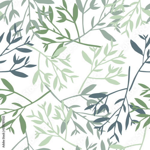 Creative branches with leaves seamless pattern on white background. Geometric forest leaf endless wallpaper.