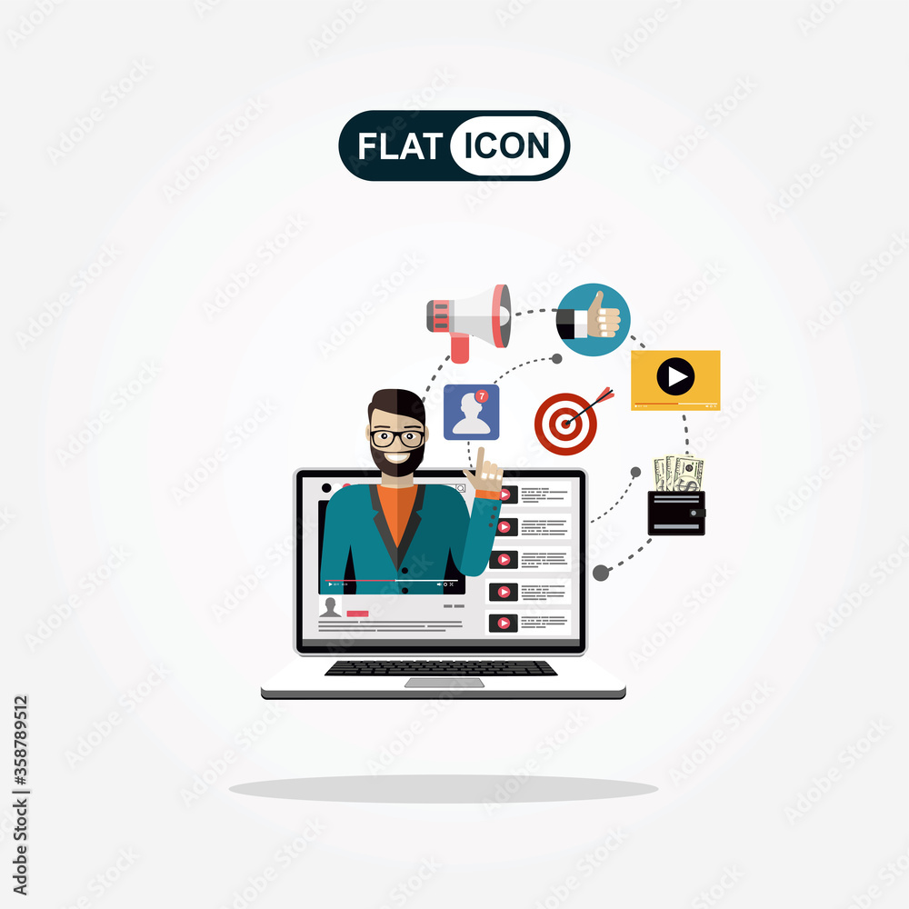 Man blogger. Video computer blogging concept. Flat vector illustration Man blogger. Video computer blogging concept. Flat vector illustration
