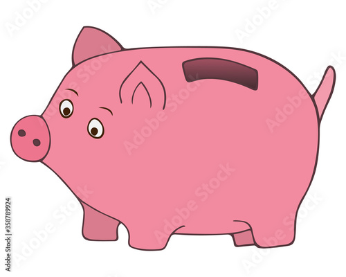 Piggy bank for storage of finance. Color vector illustration. Piglet Coin hole. Isolated white background. Cartoon style. Accumulation of cash. Toy safe for folding metal money. 