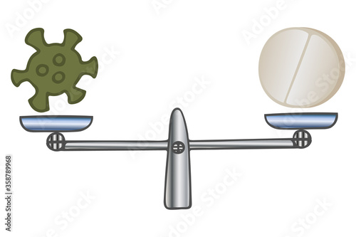 Medical pill and coronovirus on the scales. Color vector illustration. Balance balance for weighing medical decisions. Isolated white background. A medicine for treating a serious illness. Flat style.