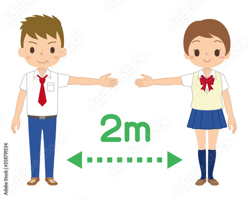 感染予防のために手を広げて2mのソーシャルディスタンスを取る学生