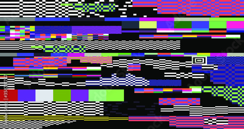 Glitched screen with random colorful pixel noise pattern. Vaporwave and webpunk style background.
